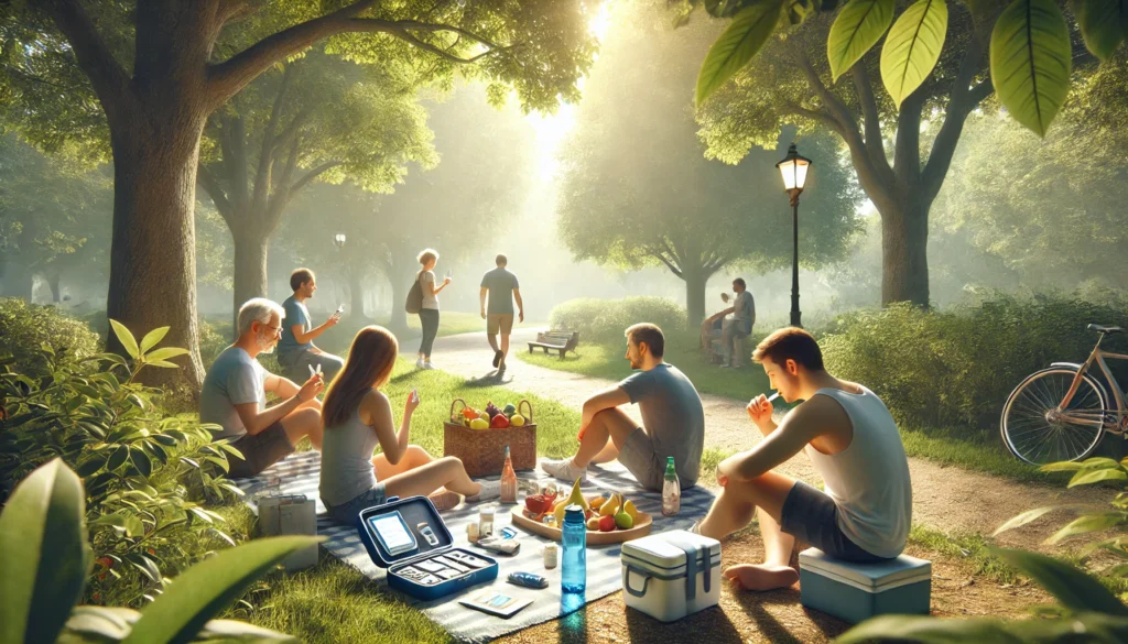 People enjoying a peaceful summer day with diabetes care items in a shaded park