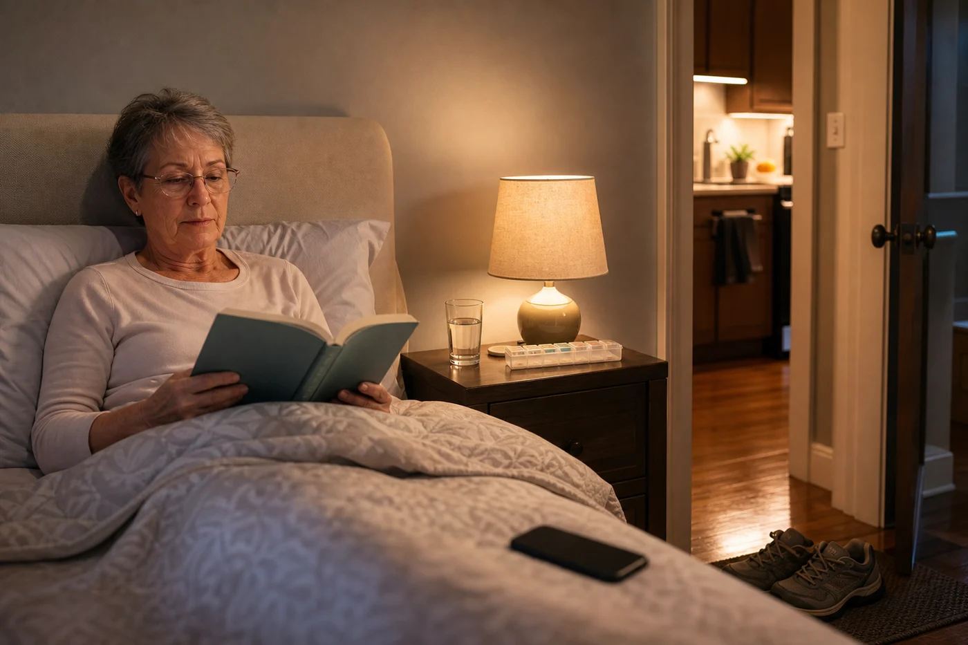 Practical sleep routine for aging brain health A cozy evening routine with water, a book, dim light, walking shoes, and a phone set aside beside the bed.