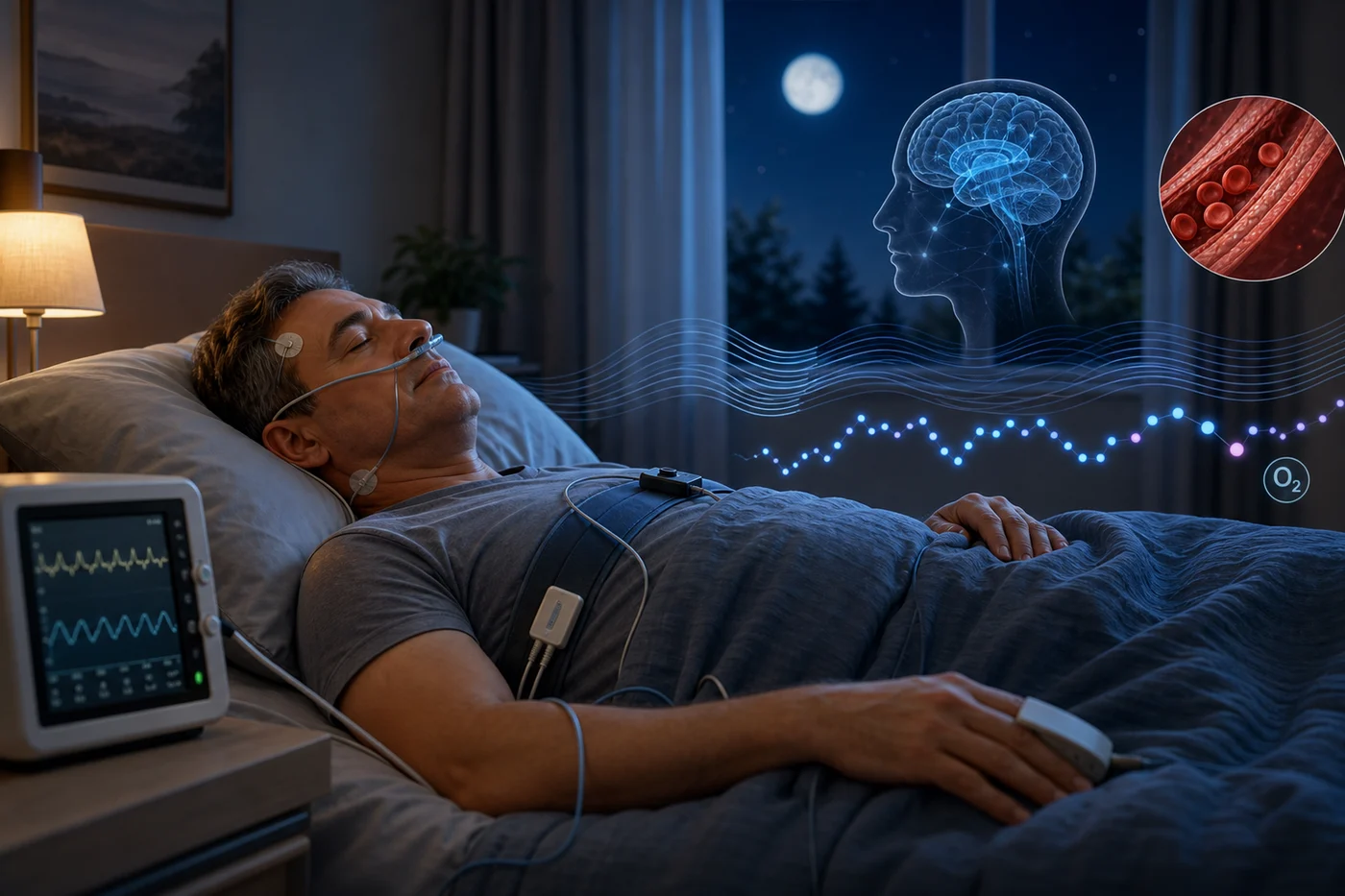 Sleep apnea and nighttime breathing in brain health research A calm sleeping person with subtle airflow and oxygen-like light patterns connected to a brain silhouette.