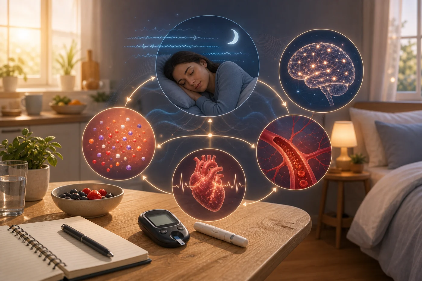 Sleep, glucose, vascular health, and the brain A gentle illustration connecting a moonlit sleeping figure with glucose, blood vessel, heart, and brain signals.