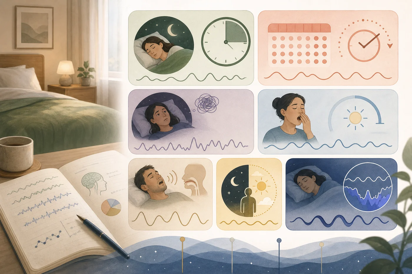 Dimensions of sleep health linked to dementia research A warm visual grid of sleep duration, regularity, daytime energy, breathing, and deep sleep represented without readable text.