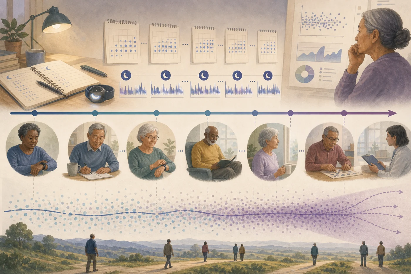 Long-term sleep studies and dementia risk A longitudinal research scene with older adults, calendars, sleep diaries, wearable devices, and brain-health checkups.