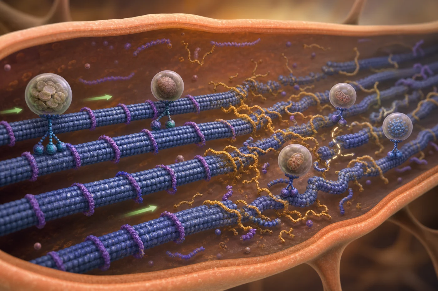 Altered tau and axonal transport stress A neuron axon with disrupted microtubule tracks and altered tau molecules slowing cargo transport.