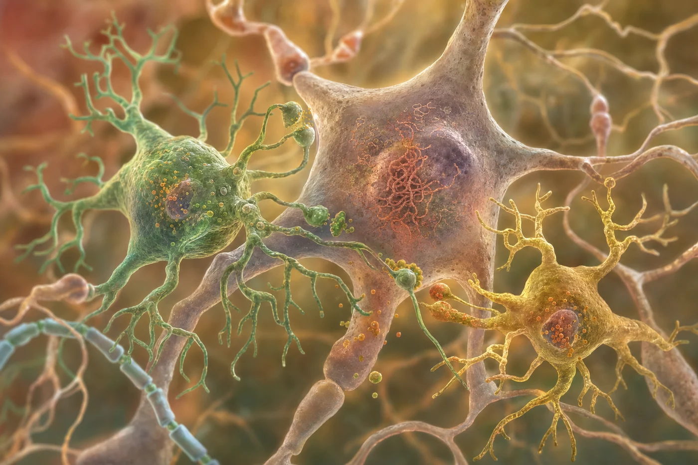Microglia responding to tau-related neuronal stress Branching microglia surrounding a stressed neuron with altered tau signal particles in the surrounding tissue.