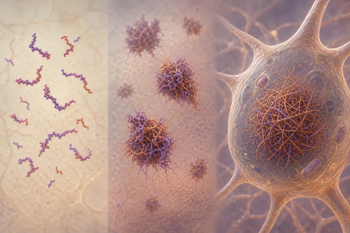 Soluble tau, aggregates, and tangles A biomedical illustration of tau shifting from soluble molecules to small aggregates and larger tangle-like structures without labels.