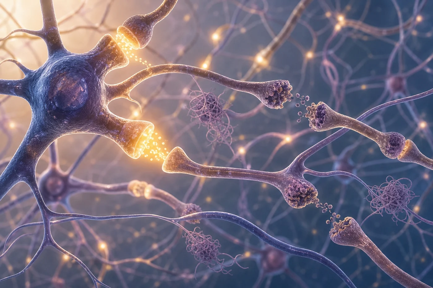 Tau and synaptic communication stress A close view of synapses with dimming communication signals near altered tau inside neuronal branches.