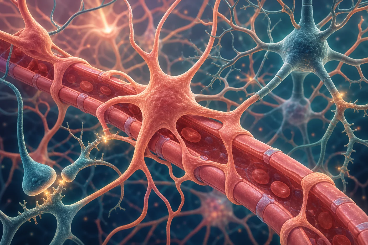Astrocytes supporting neurons and blood vessels Star-shaped astrocytes touching a small blood vessel and nearby synapses in a detailed neurovascular unit illustration.
