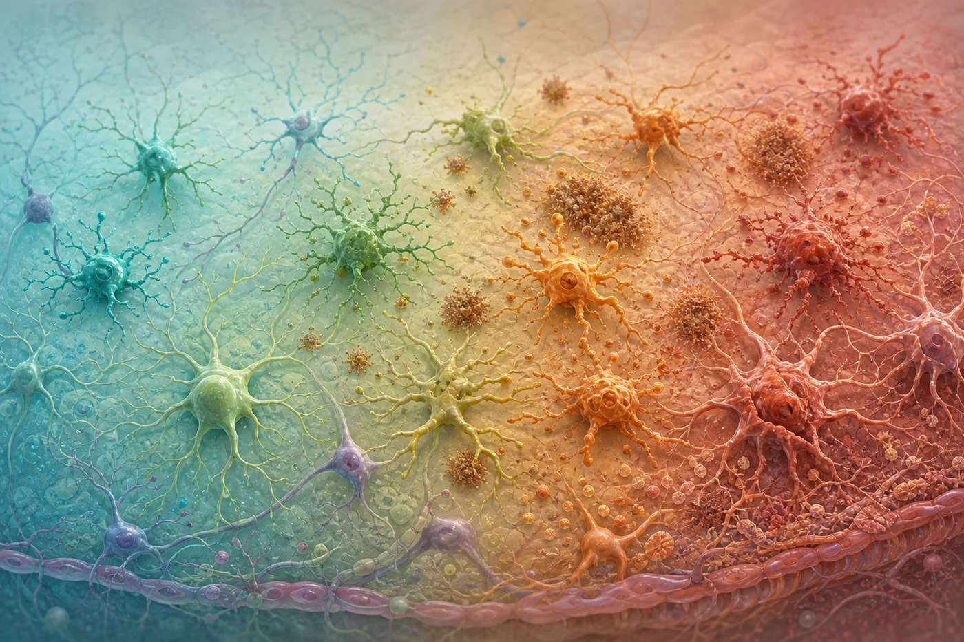 Glial immune-state changes over time A left-to-right biological progression of microglia and astrocytes changing shape and activity over time without labels.
