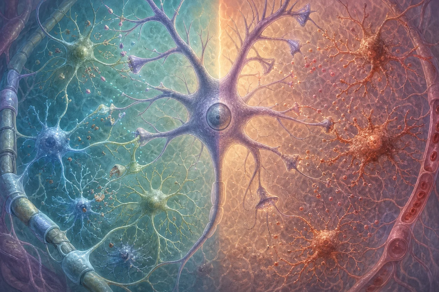 Balance between glial protection and injury A balanced biomedical illustration with glial support and debris clearing on one side and prolonged inflammatory stress on the other side around a central neuron.
