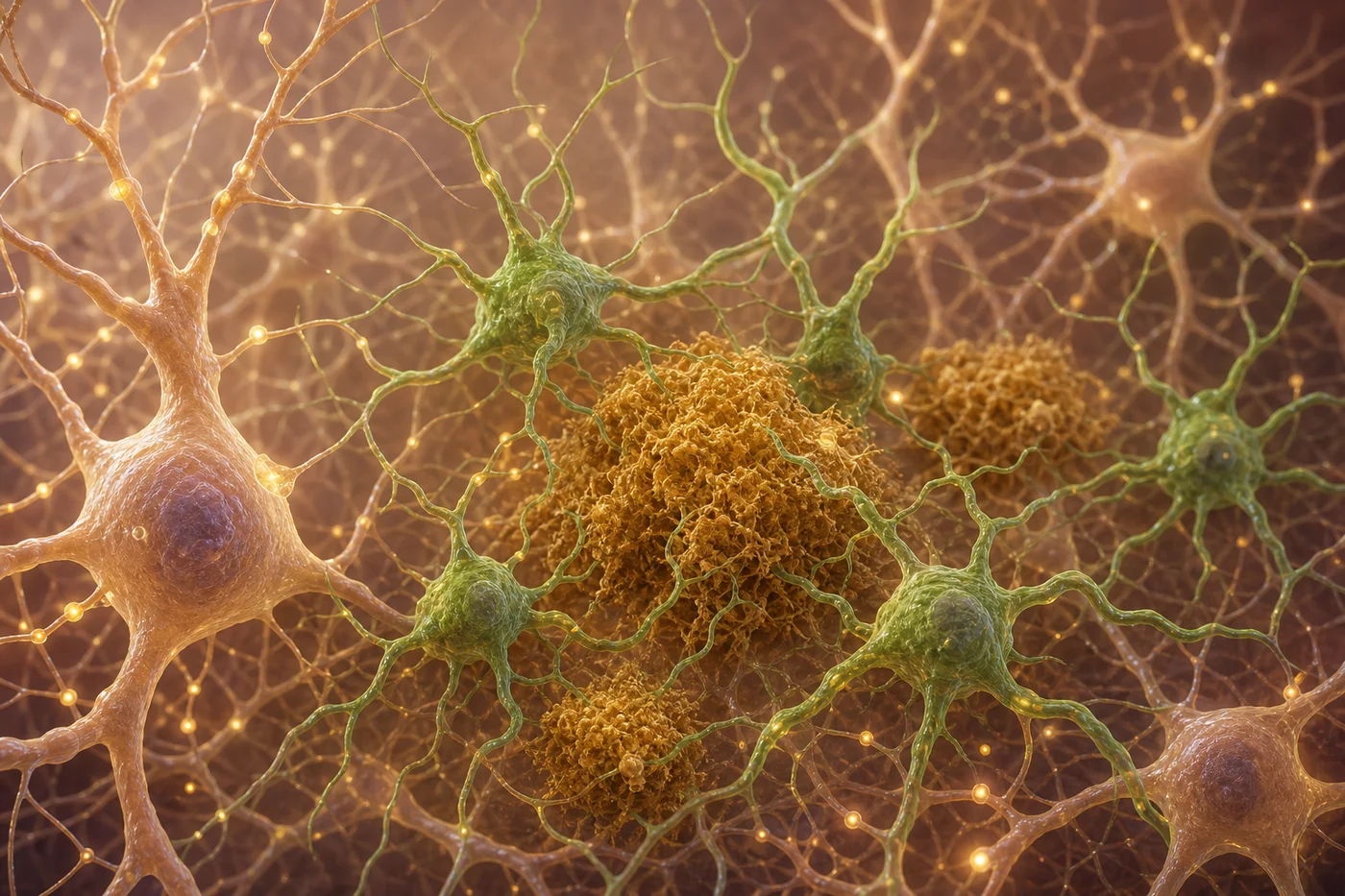 Microglia around an amyloid plaque neighborhood Branching microglia gathering around amyloid-like deposits near neurons in a calm biomedical scene.