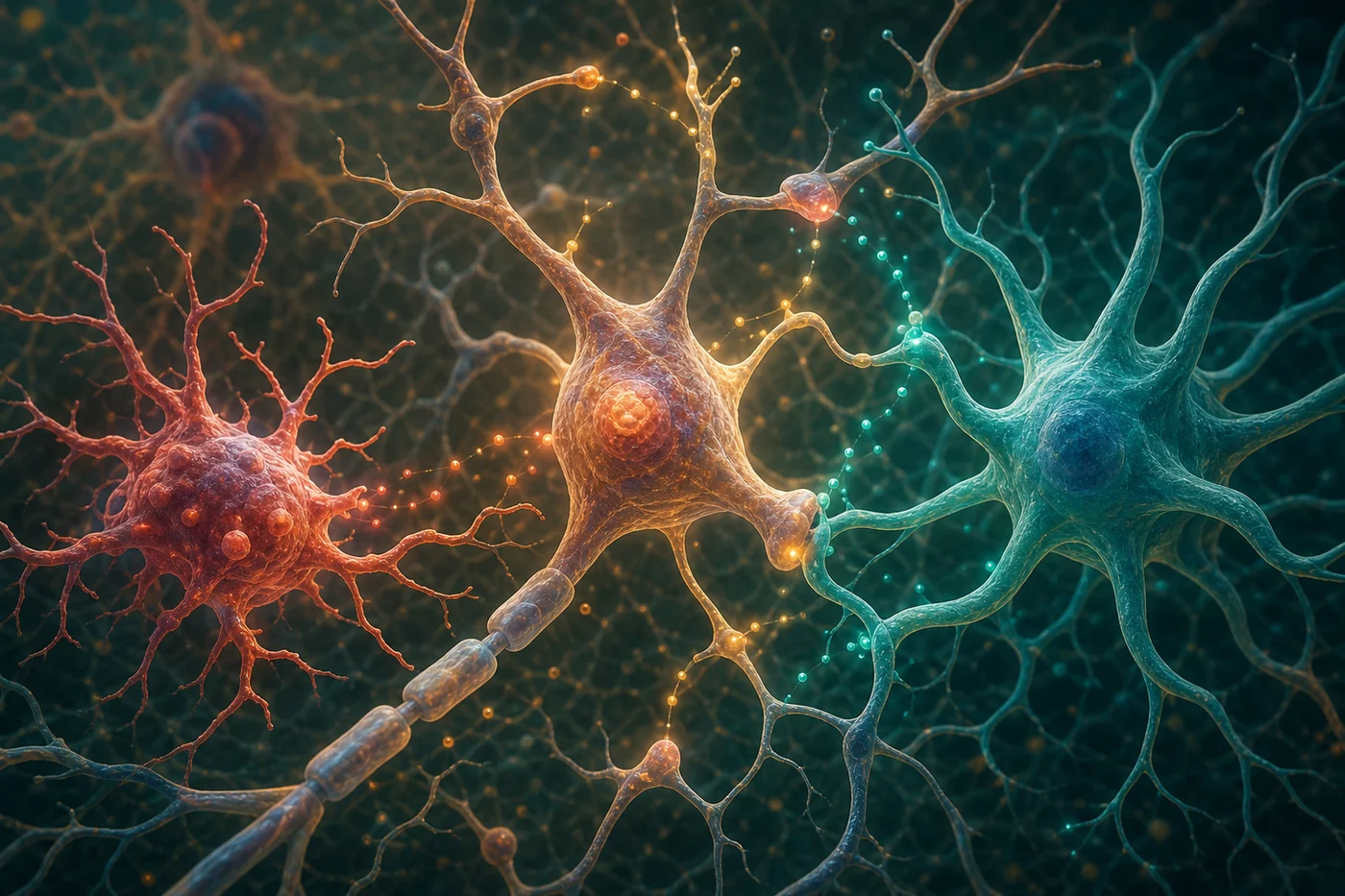 Neuron, microglia, and astrocyte signaling A neuron, microglia, and astrocyte exchanging small glowing signal particles in a balanced microscopic brain scene.