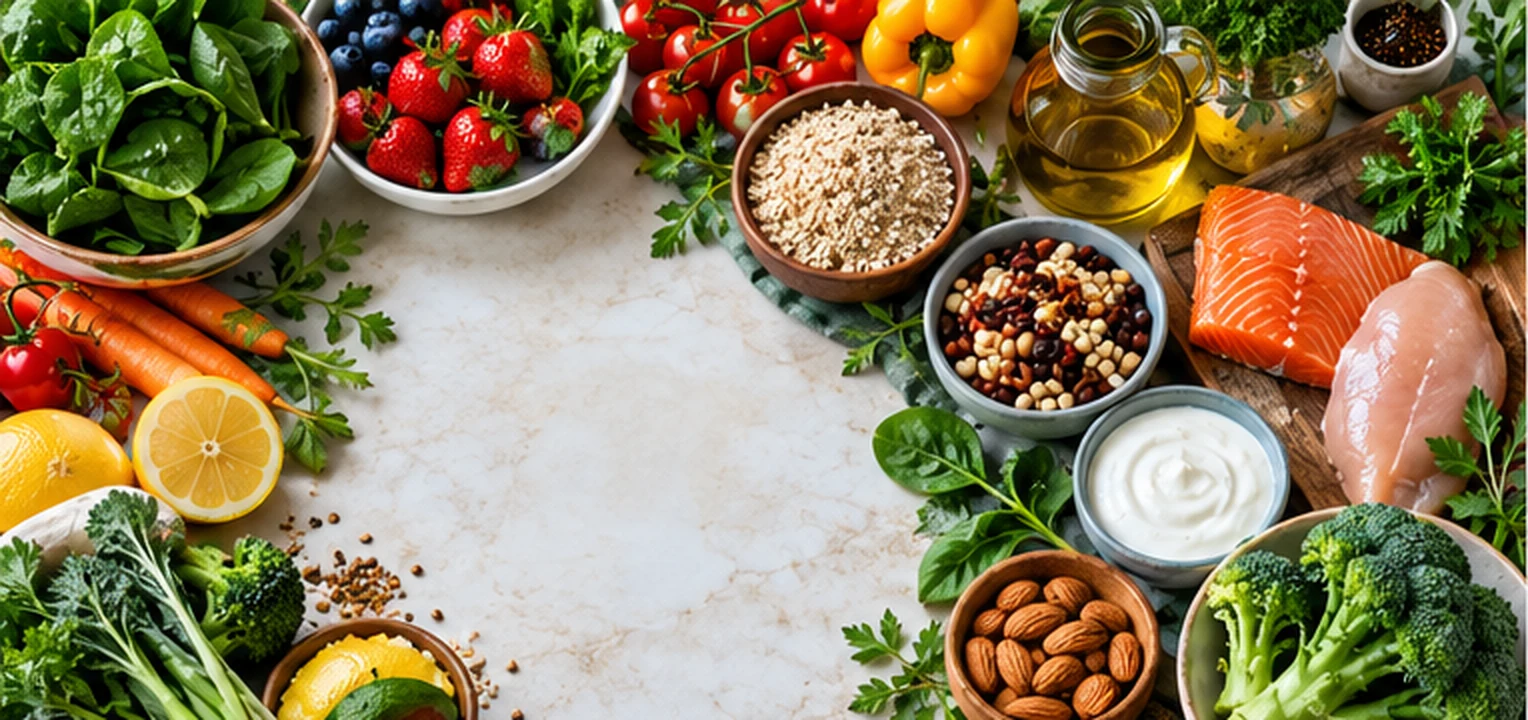 Fresh vegetables, berries, whole grains, beans, nuts, yogurt, fish, and lean poultry arranged as foods commonly emphasized in a DASH-style eating pattern.