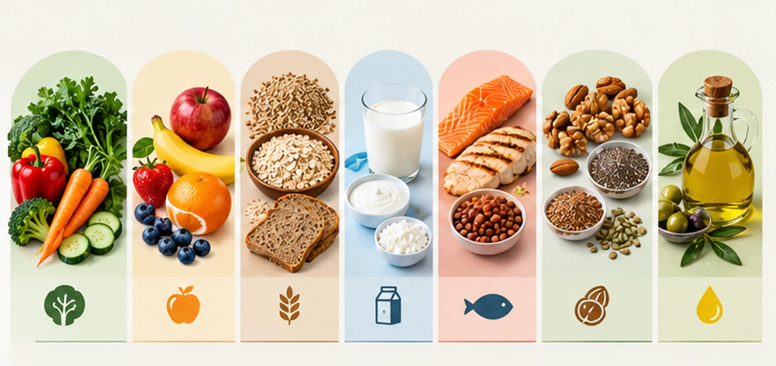 Visual lineup of vegetables, fruit, whole grains, dairy, fish and beans, nuts and seeds, and plant oils.