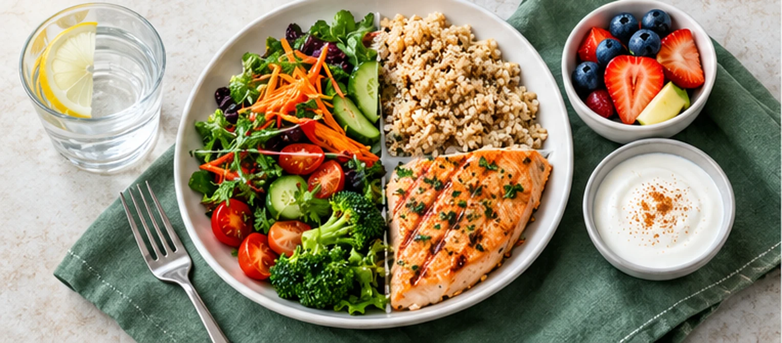 Balanced meal with vegetables, whole grains, grilled salmon, yogurt, berries, and water.