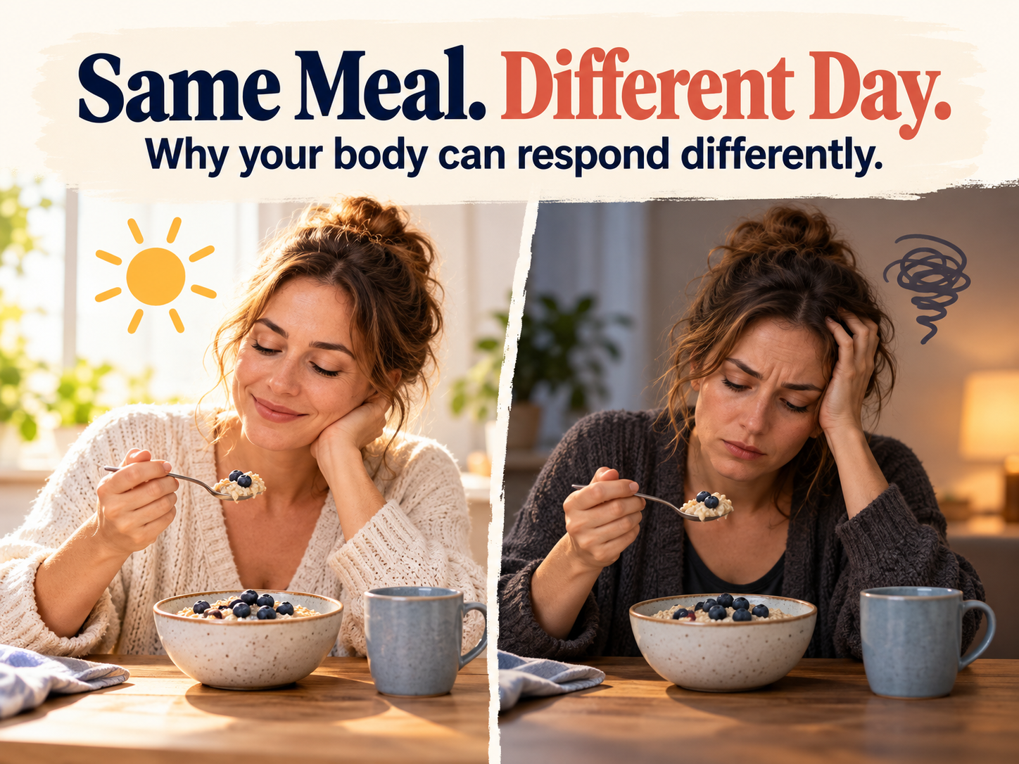 Split-screen image of the same woman eating the same oatmeal breakfast on a calm bright day and a tired stressful day, with the headline Same Meal. Different Day.