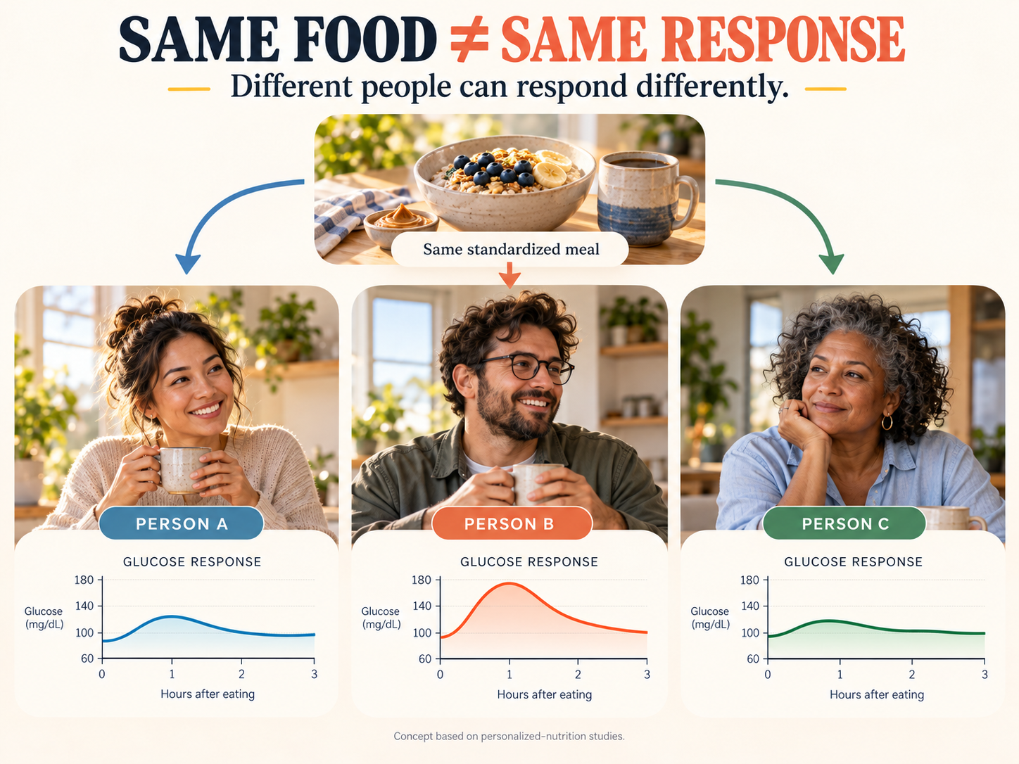 Figure 4 One standardized breakfast leading to three different people with three different illustrative glucose-response curves.