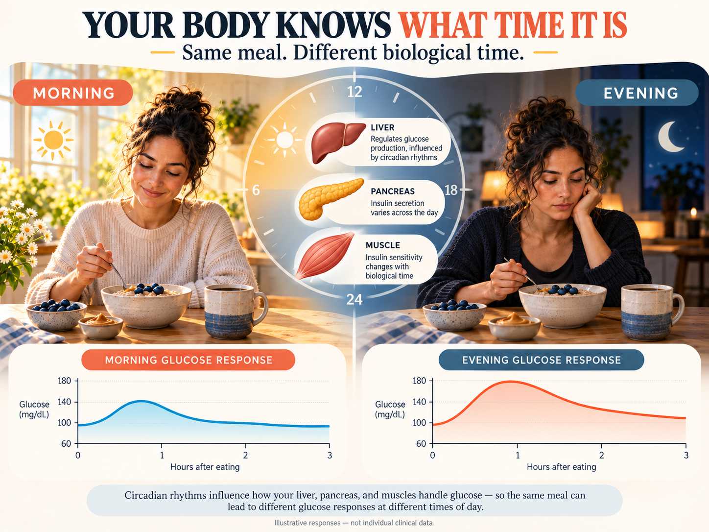 Figure 6 The same person eating the same meal in the morning and evening with a 24-hour clock, liver, pancreas, muscle, and different illustrative glucose curves.