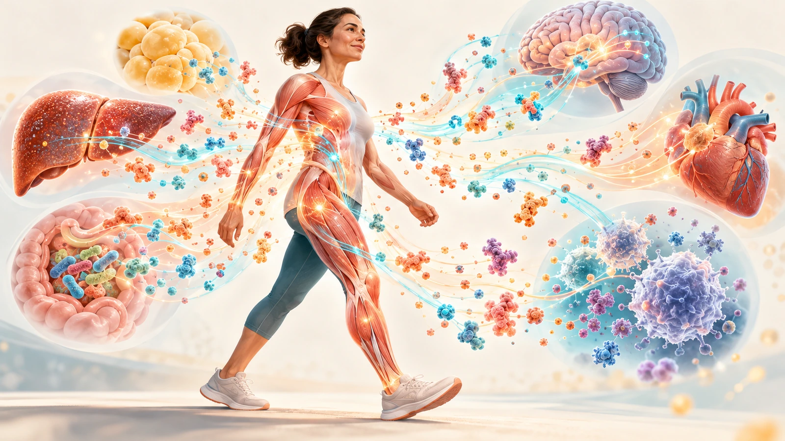 Original medical illustration of a walking person with visible muscle fibers and colored molecular streams extending toward the brain, heart, liver, gut, and immune cells.